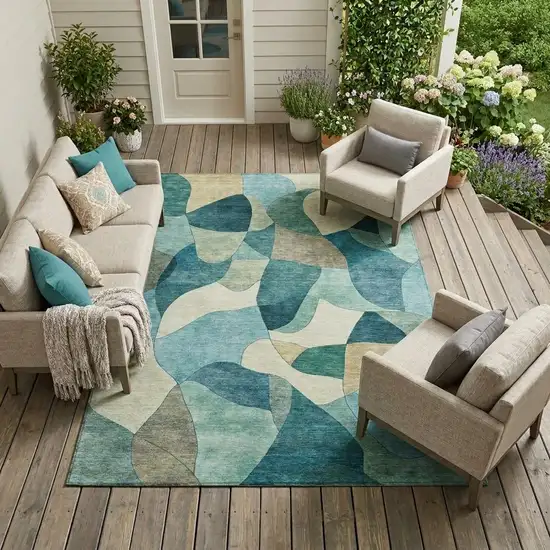 Teal Blue And Beige Abstract Washable Indoor Outdoor Area Rug Photo 1