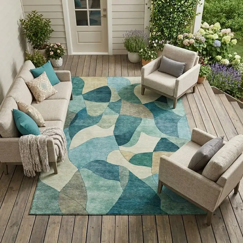 Teal Blue And Beige Abstract Washable Indoor Outdoor Area Rug Photo 1