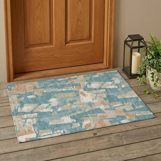 Teal Blue And Beige Abstract Washable Indoor Outdoor Area Rug Photo 1