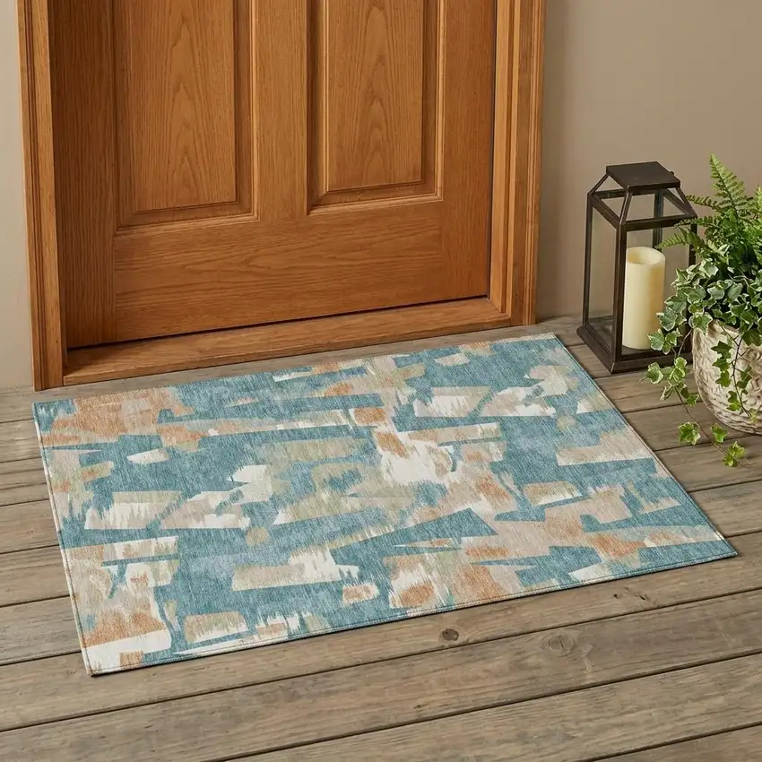 Teal Blue And Beige Abstract Washable Indoor Outdoor Area Rug Photo 1