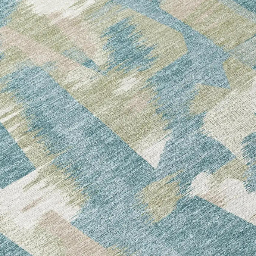 Teal Blue And Beige Abstract Washable Indoor Outdoor Area Rug Photo 9
