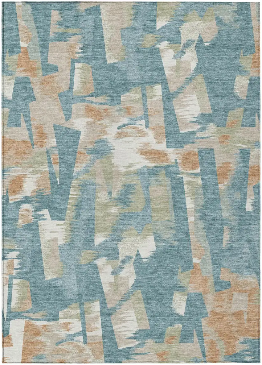 Teal Blue And Beige Abstract Washable Indoor Outdoor Area Rug Photo 3