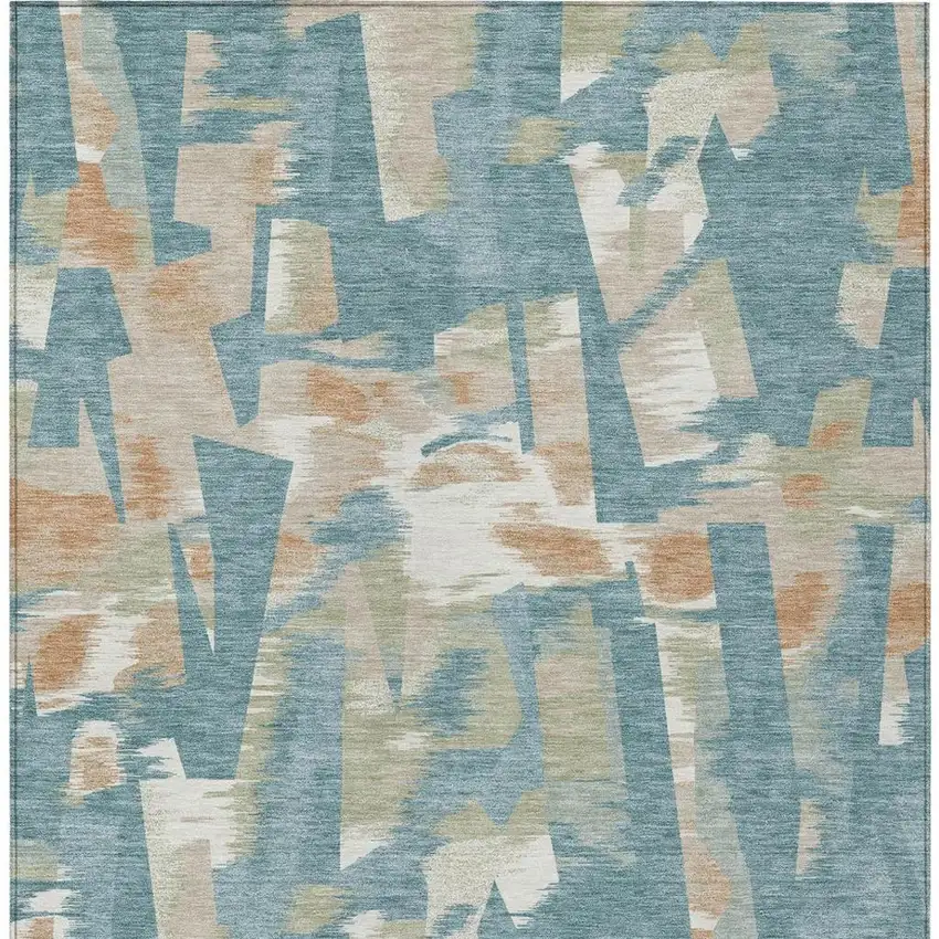 Teal Blue And Beige Abstract Washable Indoor Outdoor Area Rug Photo 5