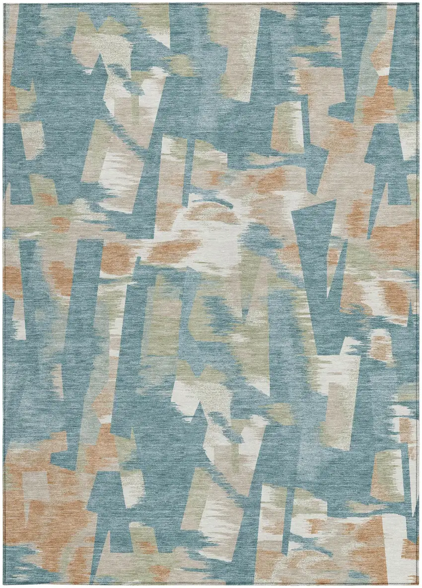 Teal Blue And Beige Abstract Washable Indoor Outdoor Area Rug Photo 4
