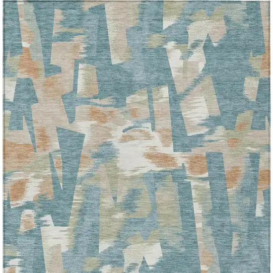 Teal Blue And Beige Abstract Washable Indoor Outdoor Area Rug Photo 2