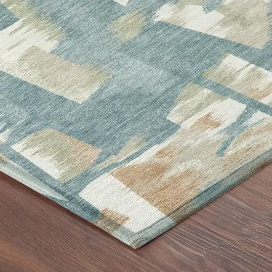 Teal Blue And Beige Abstract Washable Indoor Outdoor Area Rug Photo 7