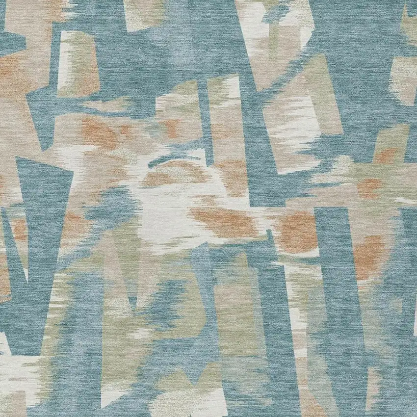 Teal Blue And Beige Abstract Washable Indoor Outdoor Area Rug Photo 8