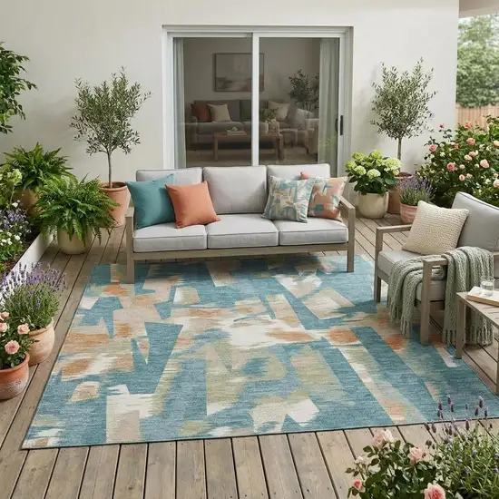 Teal Blue And Beige Abstract Washable Indoor Outdoor Area Rug Photo 1