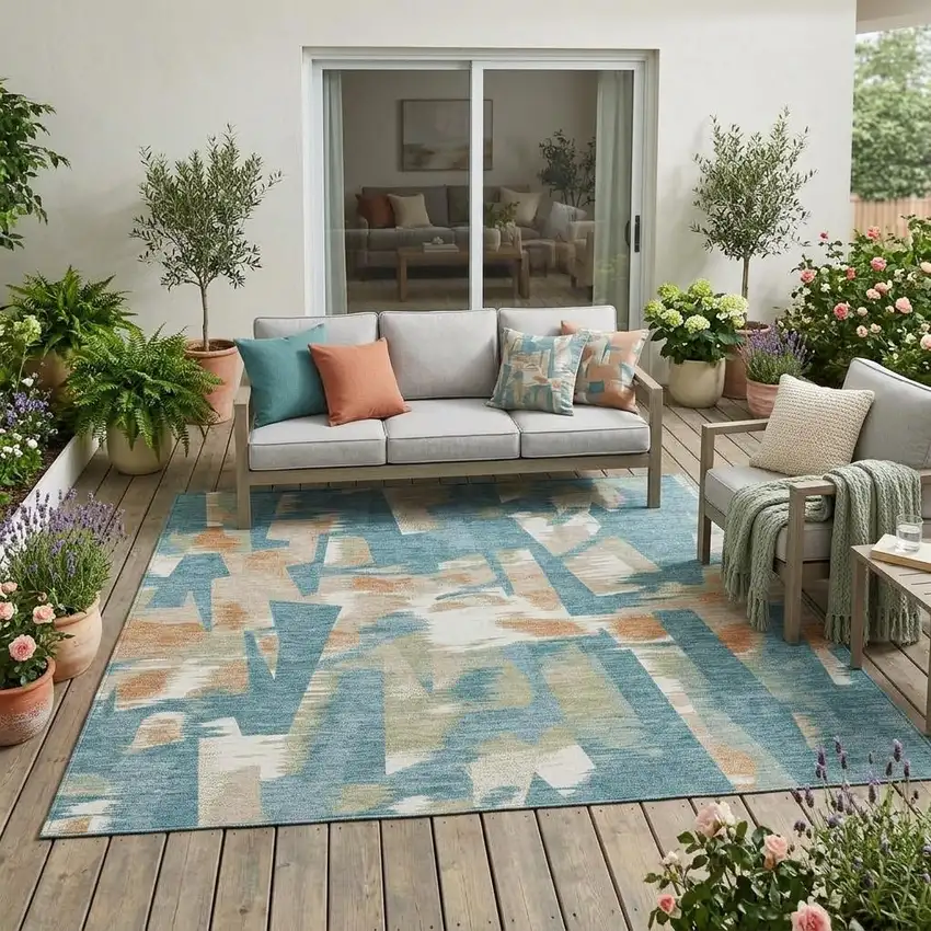 Teal Blue And Beige Abstract Washable Indoor Outdoor Area Rug Photo 1