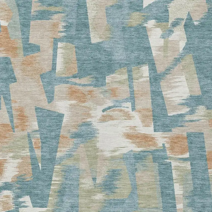 Teal Blue And Beige Abstract Washable Indoor Outdoor Area Rug Photo 8