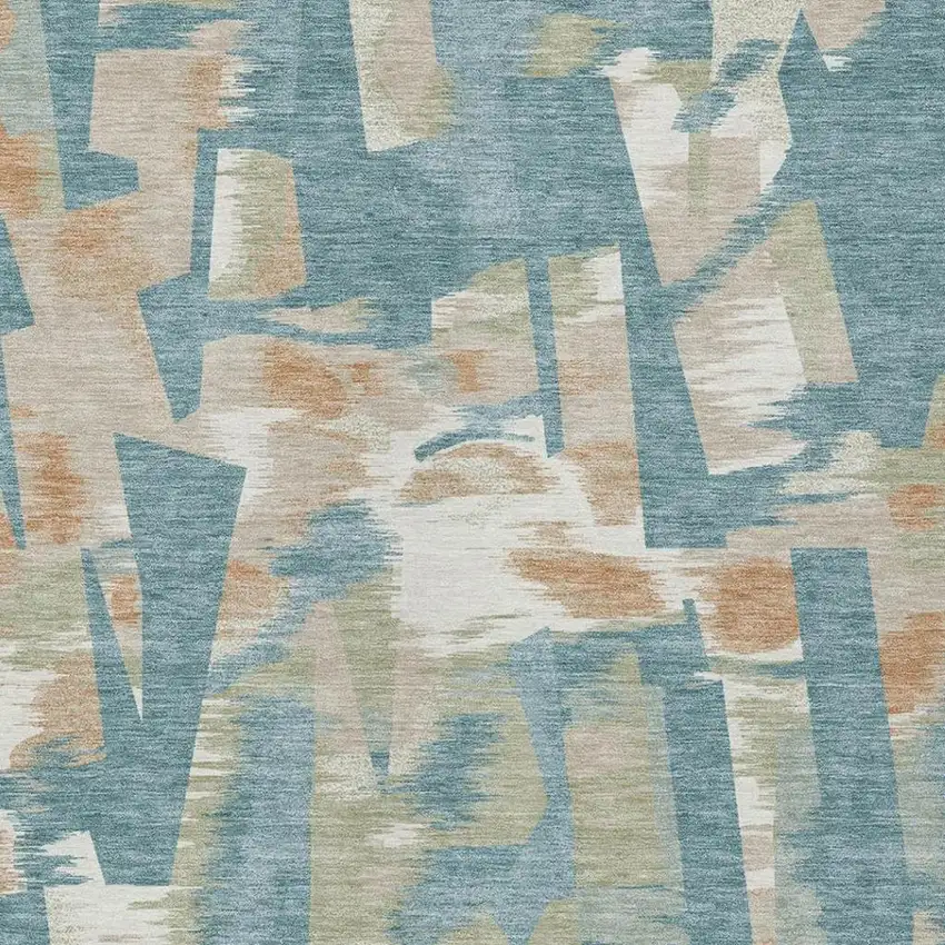 Teal Blue And Beige Abstract Washable Indoor Outdoor Area Rug Photo 9