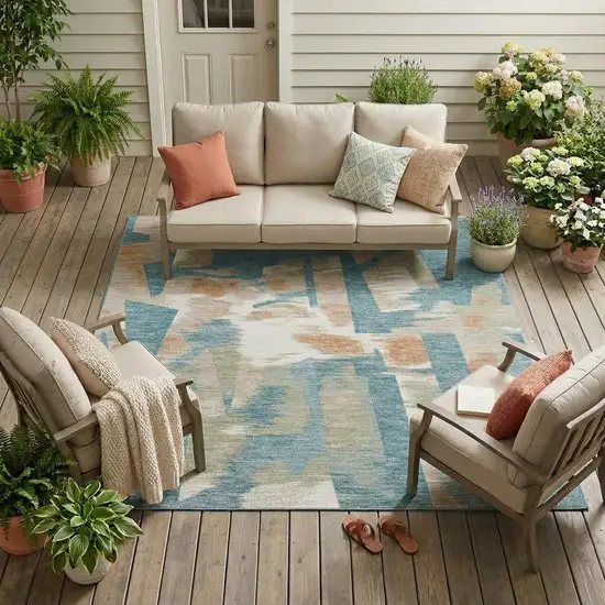 Teal Blue And Beige Abstract Washable Indoor Outdoor Area Rug Photo 1