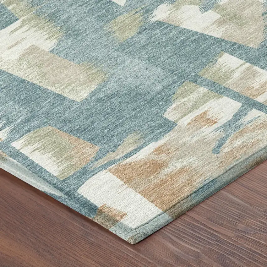 Teal Blue And Beige Abstract Washable Indoor Outdoor Area Rug Photo 7