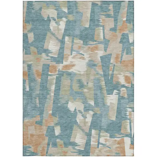 Teal Blue And Beige Abstract Washable Indoor Outdoor Area Rug Photo 2