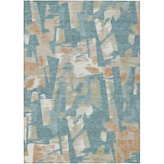 Teal Blue And Beige Abstract Washable Indoor Outdoor Area Rug Photo 3