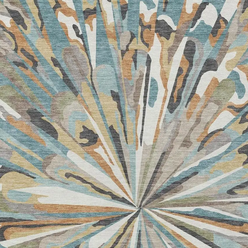 Teal Blue And Beige Abstract Washable Indoor Outdoor Area Rug Photo 6