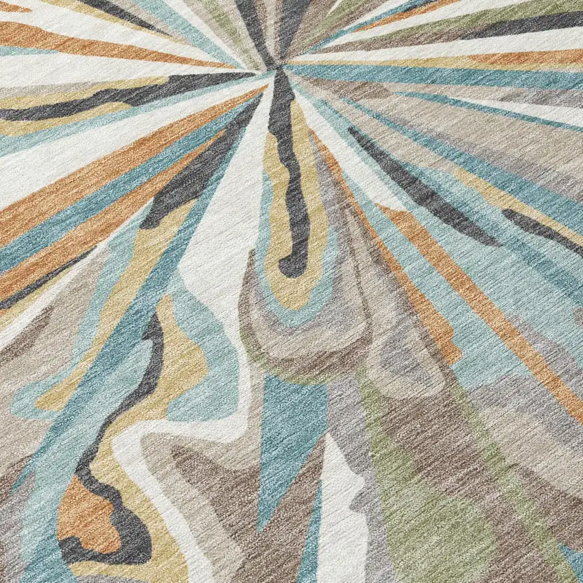 Teal Blue And Beige Abstract Washable Indoor Outdoor Area Rug Photo 9