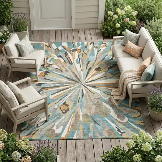 Teal Blue And Beige Abstract Washable Indoor Outdoor Area Rug Photo 1