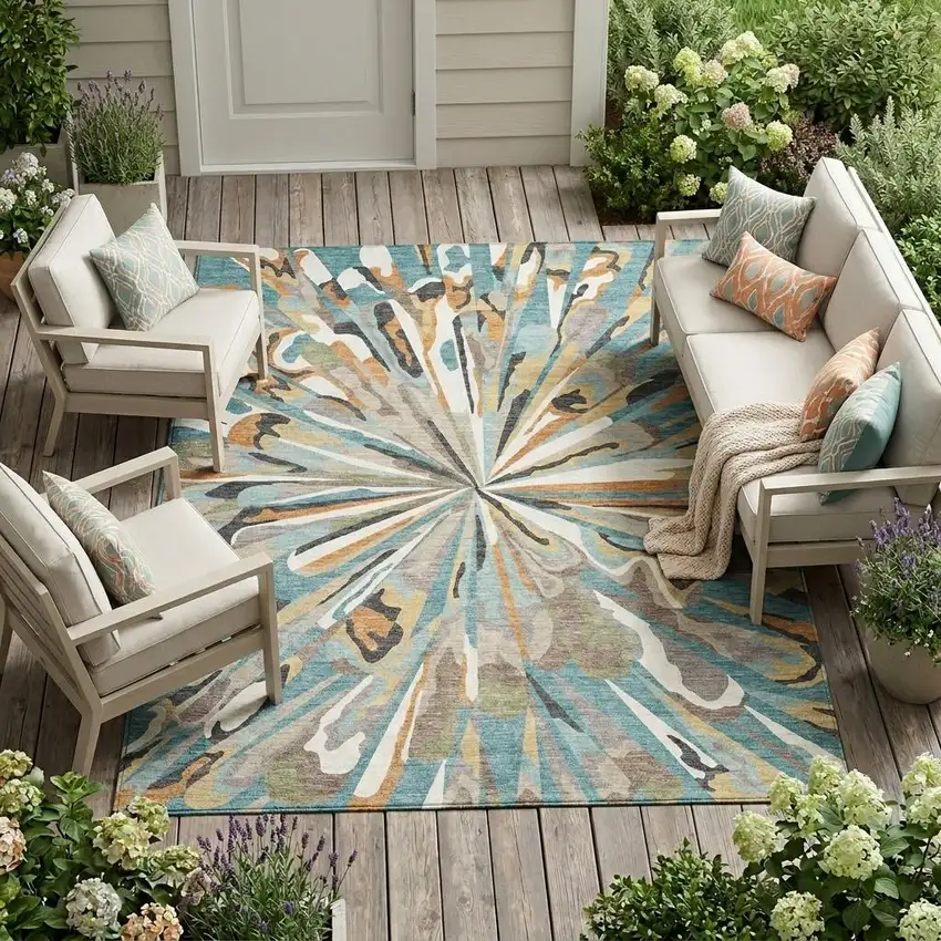 Teal Blue And Beige Abstract Washable Indoor Outdoor Area Rug Photo 1