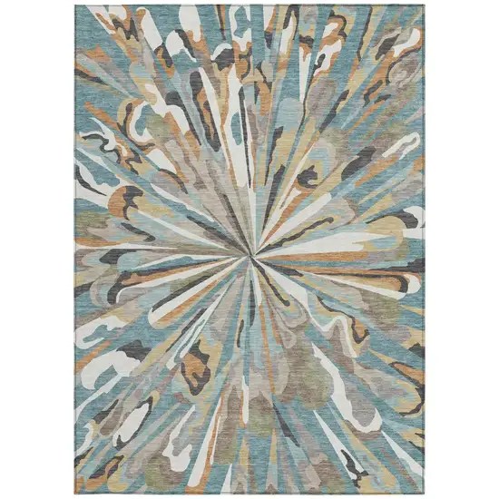 Teal Blue And Beige Abstract Washable Indoor Outdoor Area Rug Photo 4
