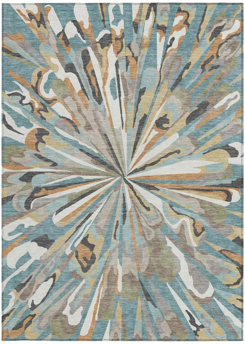 Teal Blue And Beige Abstract Washable Indoor Outdoor Area Rug Photo 4