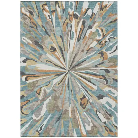Teal Blue And Beige Abstract Washable Indoor Outdoor Area Rug Photo 4