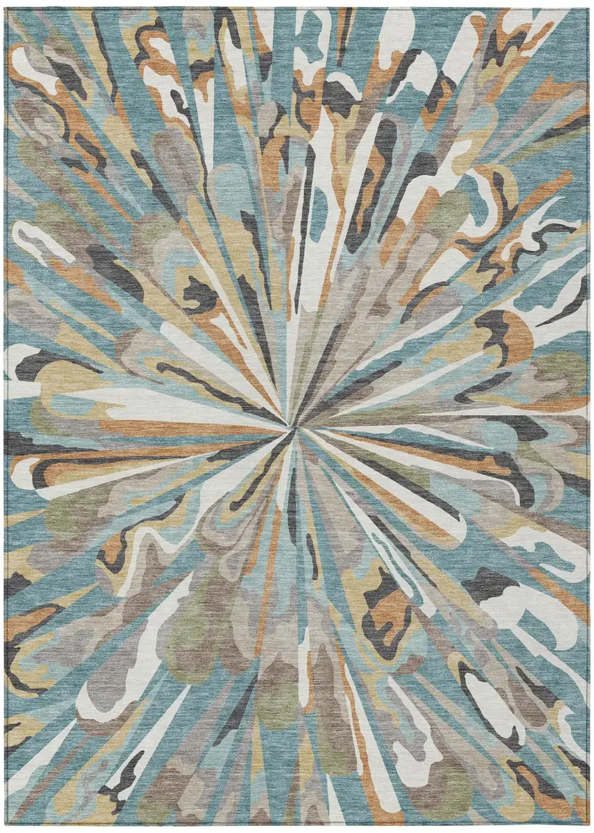 Teal Blue And Beige Abstract Washable Indoor Outdoor Area Rug Photo 4