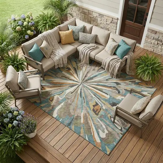 Teal Blue And Beige Abstract Washable Indoor Outdoor Area Rug Photo 1