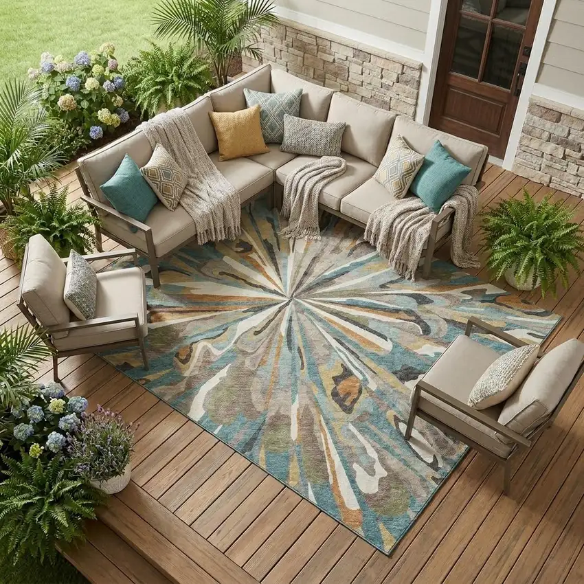 Teal Blue And Beige Abstract Washable Indoor Outdoor Area Rug Photo 1