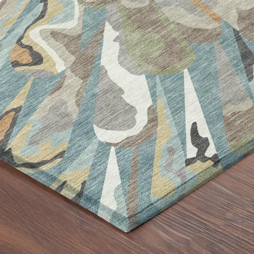 Teal Blue And Beige Abstract Washable Indoor Outdoor Area Rug Photo 5