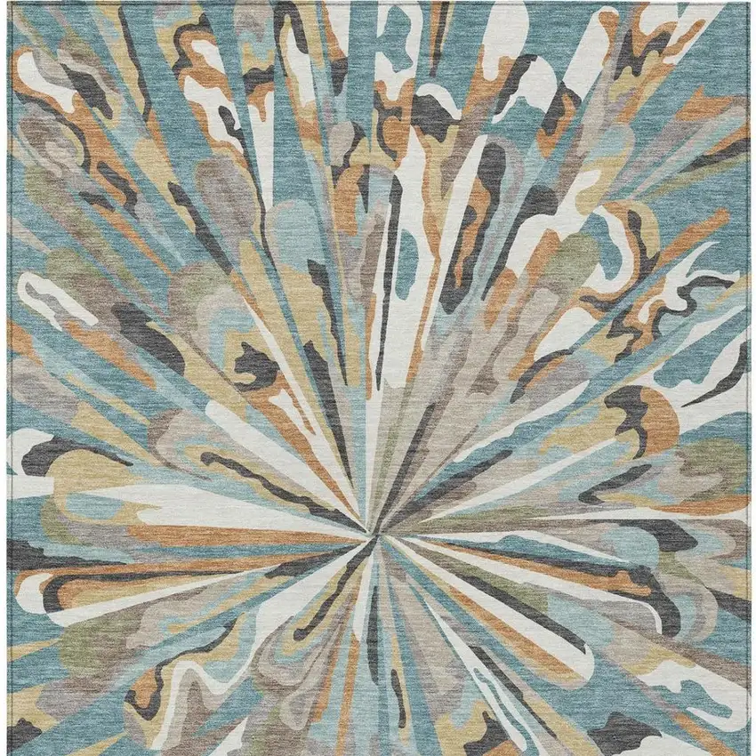 Teal Blue And Beige Abstract Washable Indoor Outdoor Area Rug Photo 9