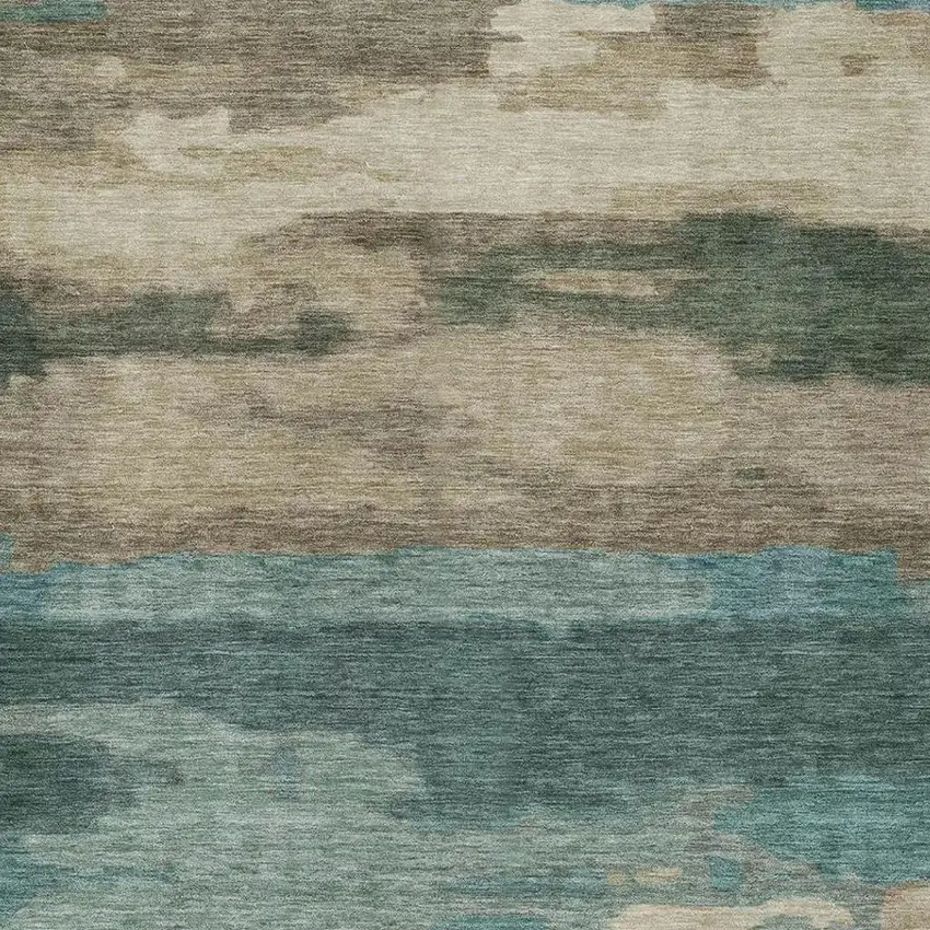 Teal Blue And Beige Abstract Washable Indoor Outdoor Area Rug Photo 7