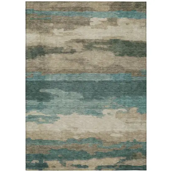 Teal Blue And Beige Abstract Washable Indoor Outdoor Area Rug Photo 3