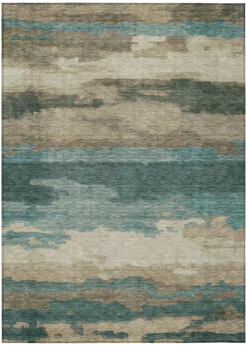 Teal Blue And Beige Abstract Washable Indoor Outdoor Area Rug Photo 3