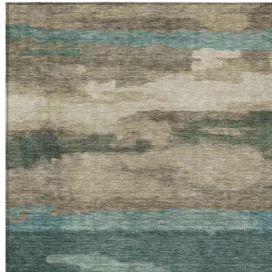 Teal Blue And Beige Abstract Washable Indoor Outdoor Area Rug Photo 1