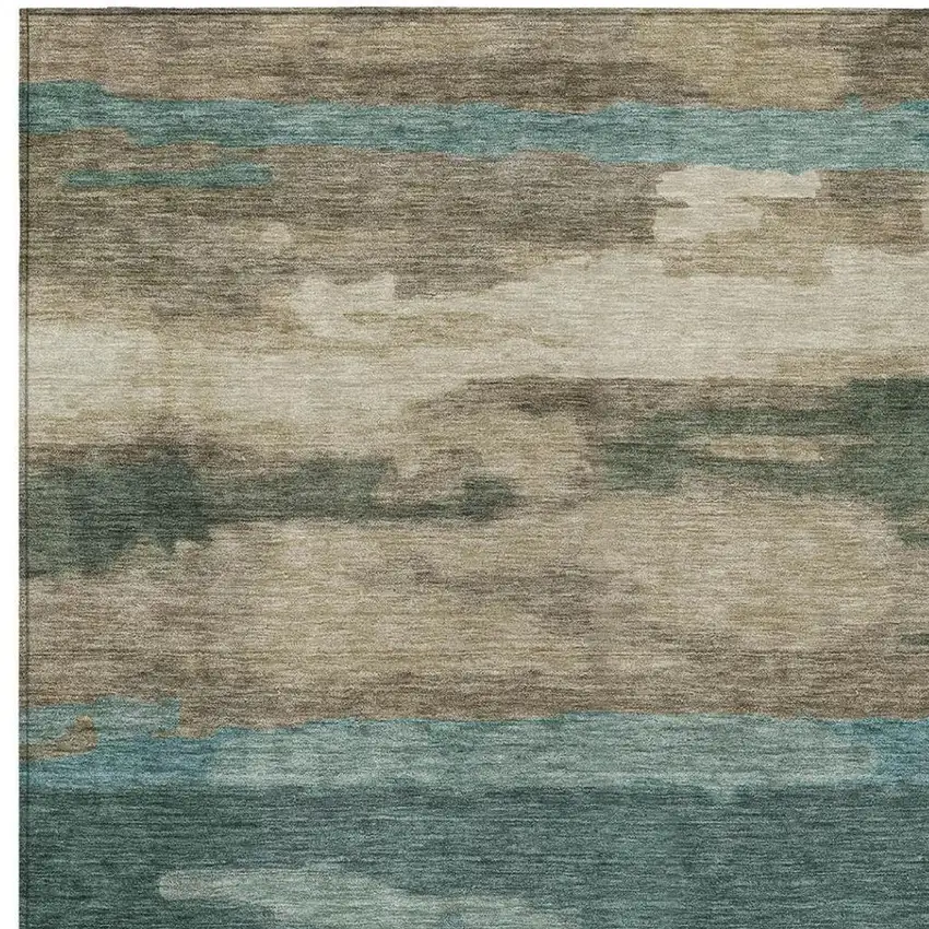 Teal Blue And Beige Abstract Washable Indoor Outdoor Area Rug Photo 1