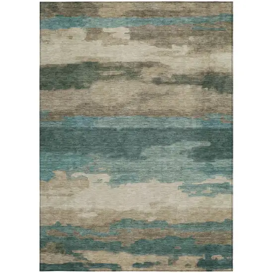 Teal Blue And Beige Abstract Washable Indoor Outdoor Area Rug Photo 2