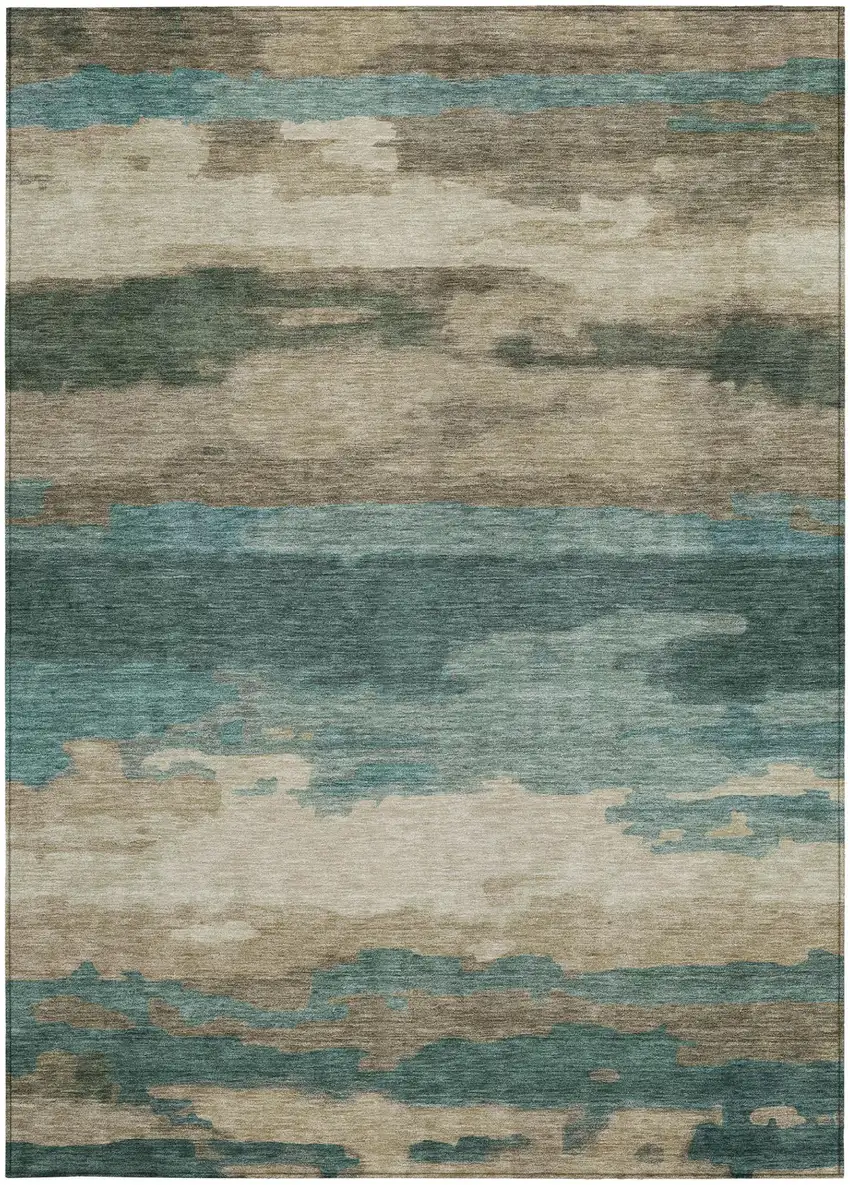 Teal Blue And Beige Abstract Washable Indoor Outdoor Area Rug Photo 2