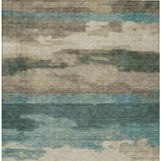 Teal Blue And Beige Abstract Washable Indoor Outdoor Area Rug Photo 8