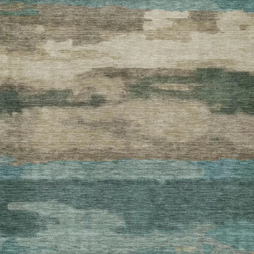 Teal Blue And Beige Abstract Washable Indoor Outdoor Area Rug Photo 4