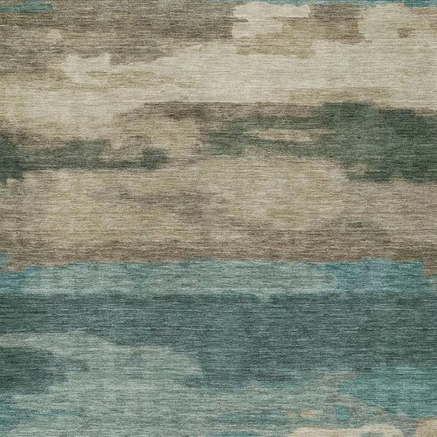 Teal Blue And Beige Abstract Washable Indoor Outdoor Area Rug Photo 9