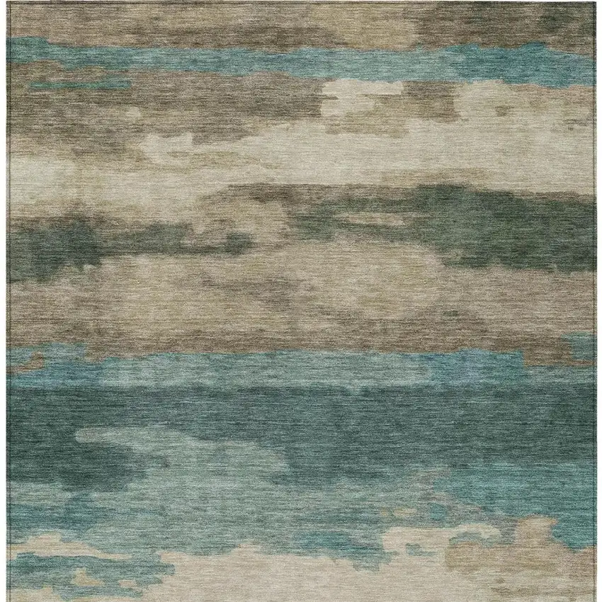 Teal Blue And Beige Abstract Washable Indoor Outdoor Area Rug Photo 5