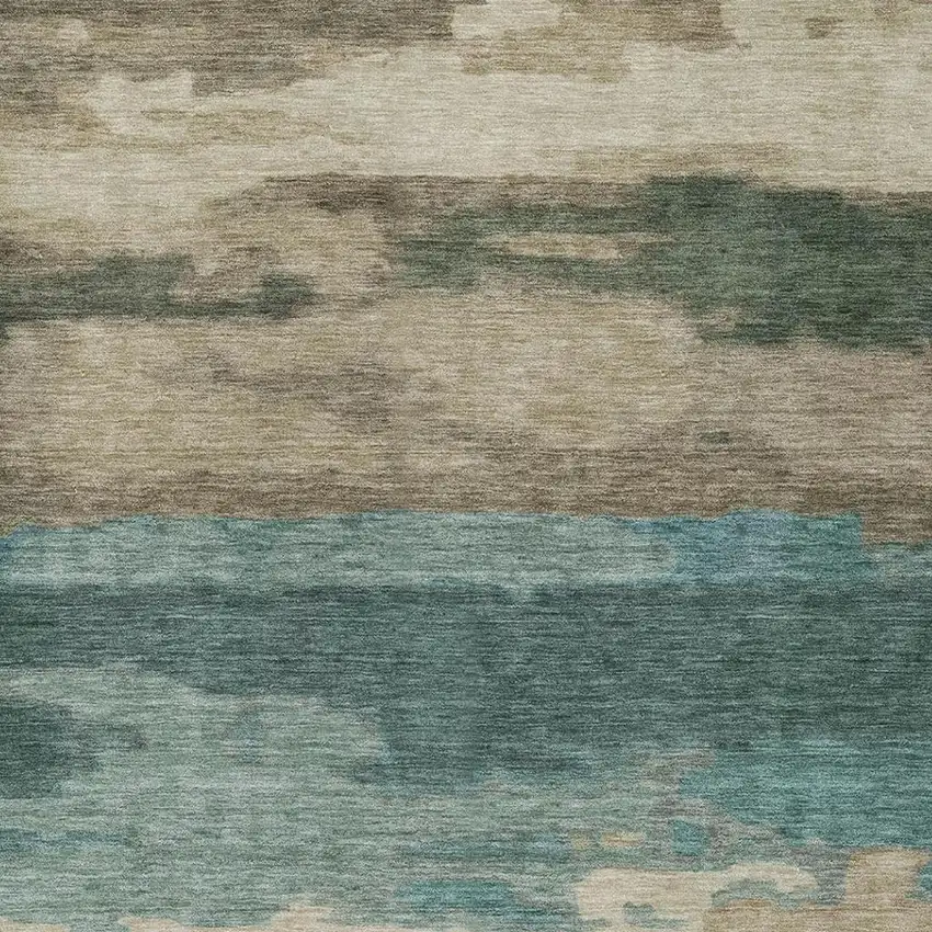 Teal Blue And Beige Abstract Washable Indoor Outdoor Area Rug Photo 6
