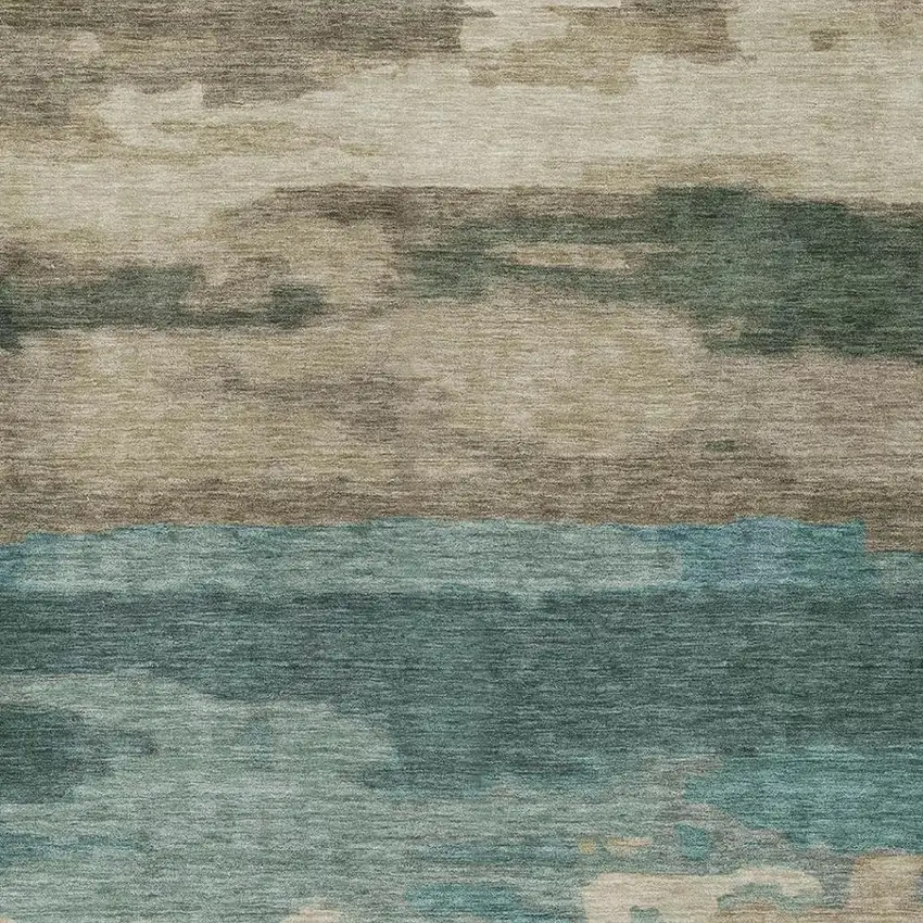 Teal Blue And Beige Abstract Washable Indoor Outdoor Area Rug Photo 8