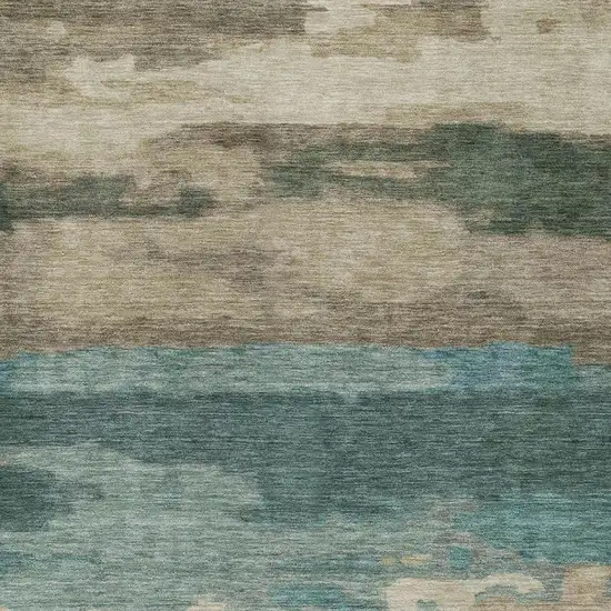 Teal Blue And Beige Abstract Washable Indoor Outdoor Area Rug Photo 8