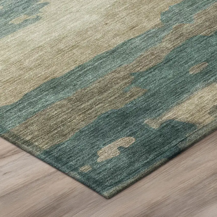 Teal Blue And Beige Abstract Washable Indoor Outdoor Area Rug Photo 4