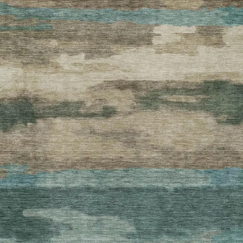 Teal Blue And Beige Abstract Washable Indoor Outdoor Area Rug Photo 1
