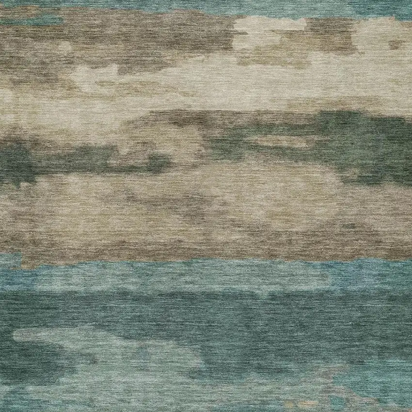 Teal Blue And Beige Abstract Washable Indoor Outdoor Area Rug Photo 6