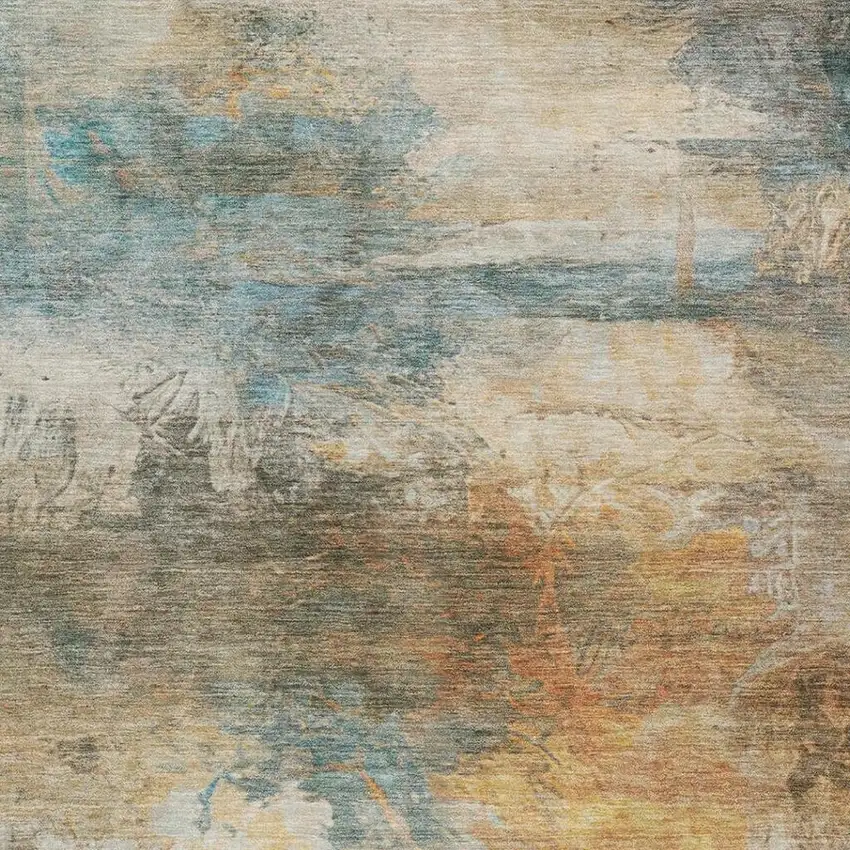 Teal Blue And Beige Abstract Washable Indoor Outdoor Area Rug Photo 5