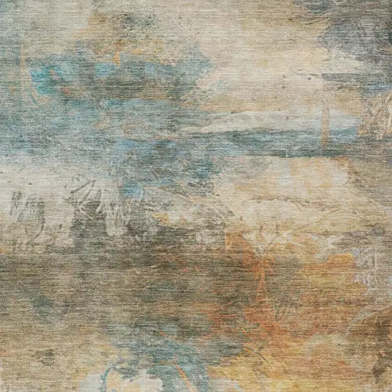 Teal Blue And Beige Abstract Washable Indoor Outdoor Area Rug Photo 2